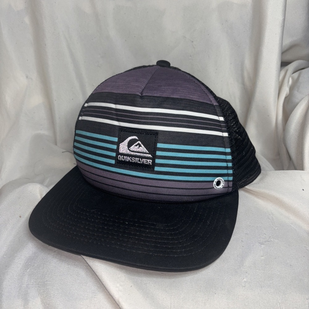 Quiksilver Mens‎ Striped Trucker Hat Black Blue Snapback Mesh Cap AQYHA00134